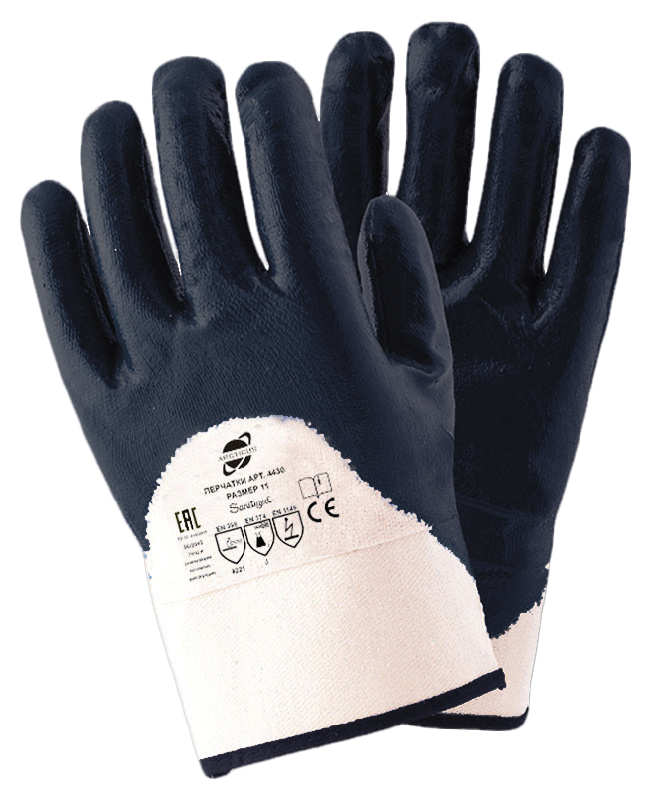 Перчатки трикотаж. х/б, с НИТРИЛОВЫМ син. 3х слойн. 3/4 покр, крага. Arcticus, арт. 4430 р.09