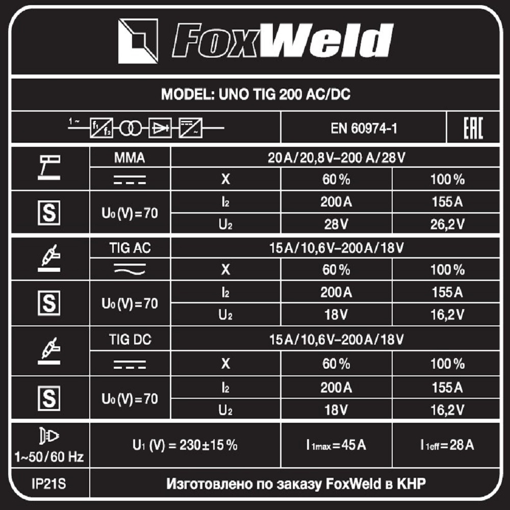 Аппарат аргонодуговой сварки FoxWeld UNO TIG 200 DC PULSE с НАКС